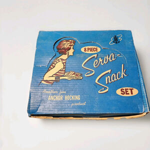 Vintage Anchor Hocking 8-Piece Serva-Snack Set Clear Glass Plate & Cup Orig Box